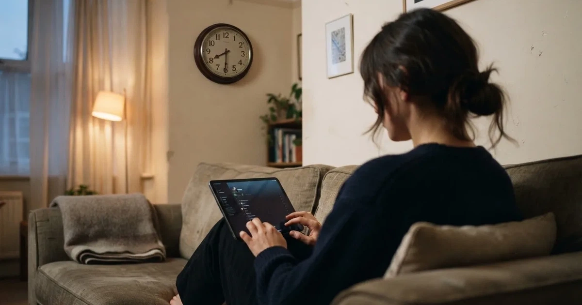 Een persoon op de bank kijkt peinzend naar een tablet, op de achtergrond een klok aan de muur