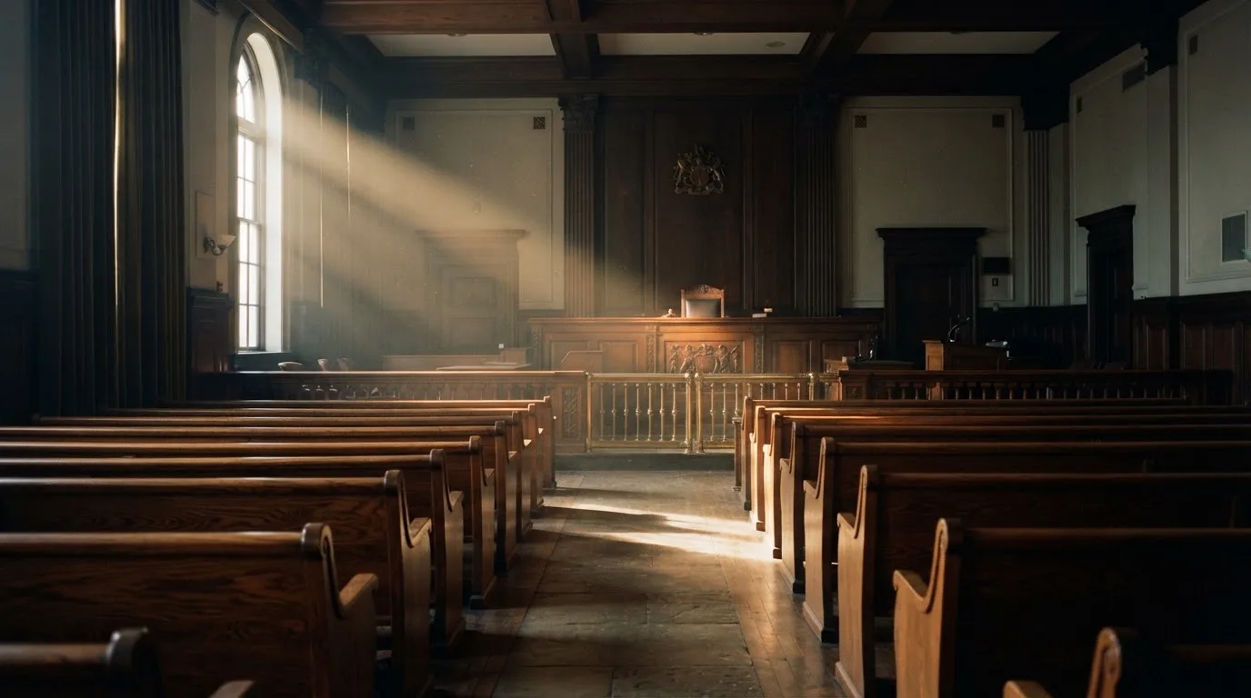 Een lege rechtszaal met houten banken in het ochtendlicht