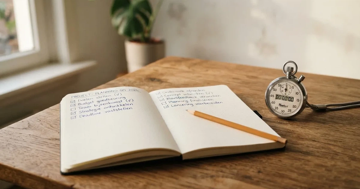 Een opengeslagen notitieboek met een potlood en een stopwatch op een houten tafel