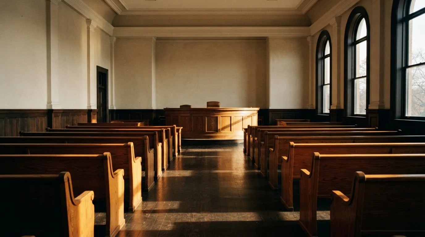 Een lege rechtszaal met houten banken in het ochtendlicht