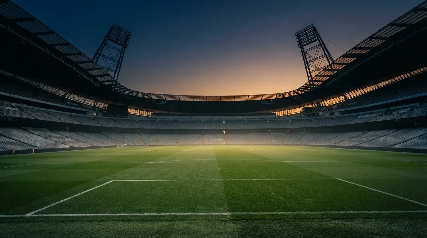 Een leeg voetbalstadion met lichtmasten bij schemering