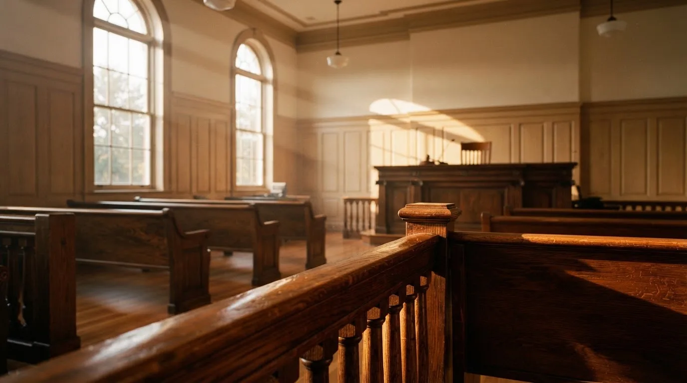 Een lege rechtszaal met houten banken in het ochtendlicht