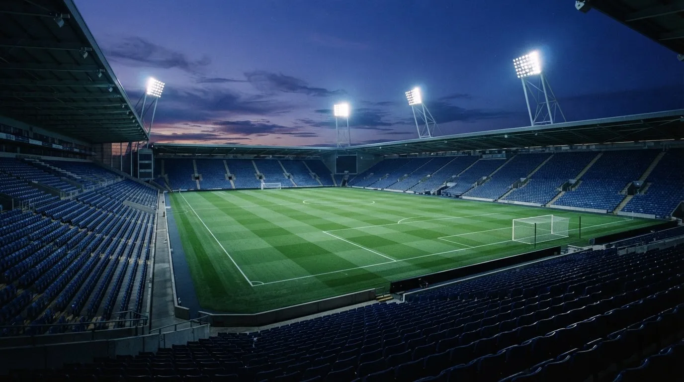 Een leeg voetbalstadion met lichtmasten bij schemering