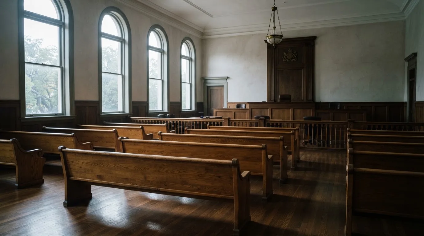 Een lege rechtszaal met houten banken in het ochtendlicht