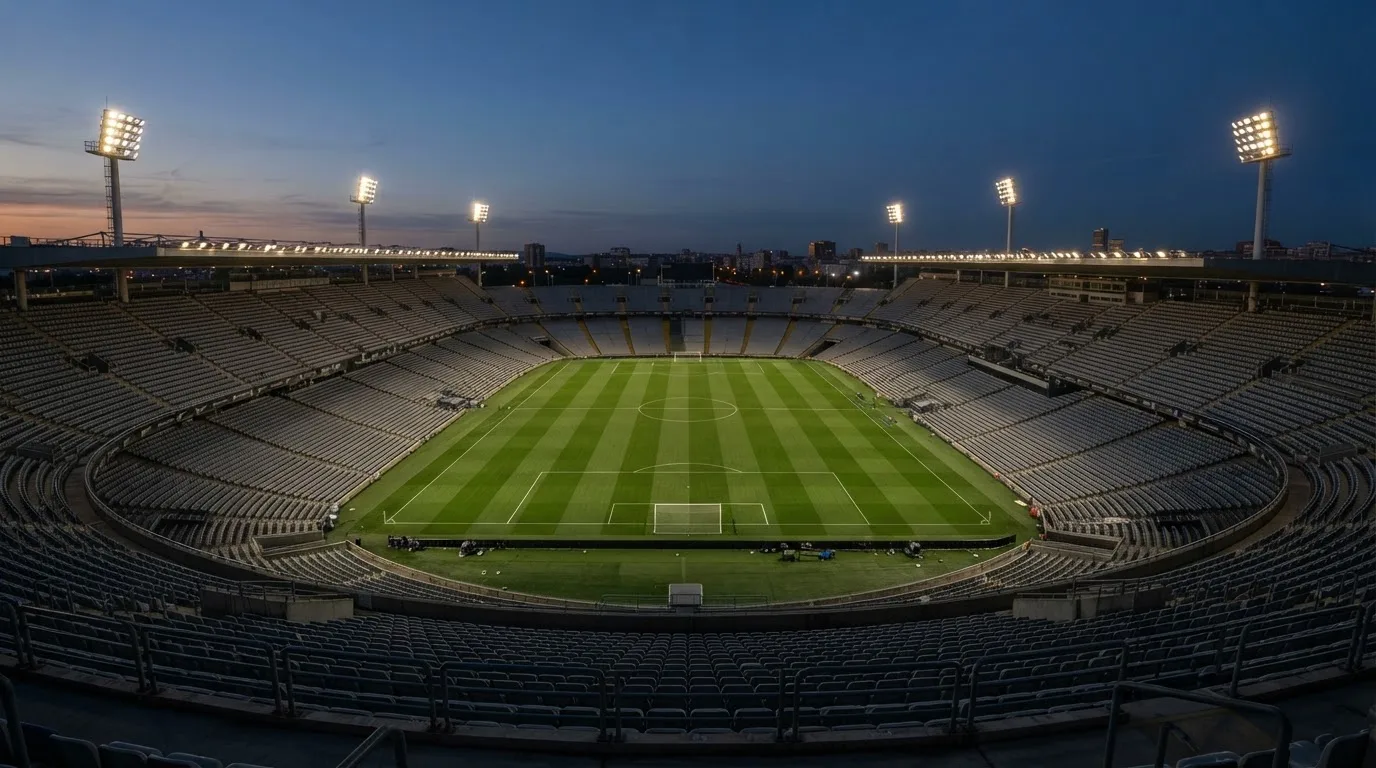 Een leeg voetbalstadion met lichtmasten bij schemering