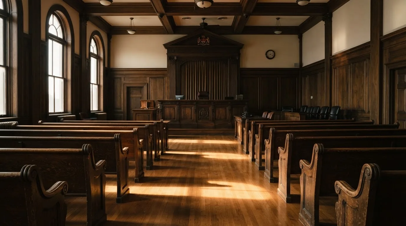 Een lege rechtszaal met houten banken in het ochtendlicht