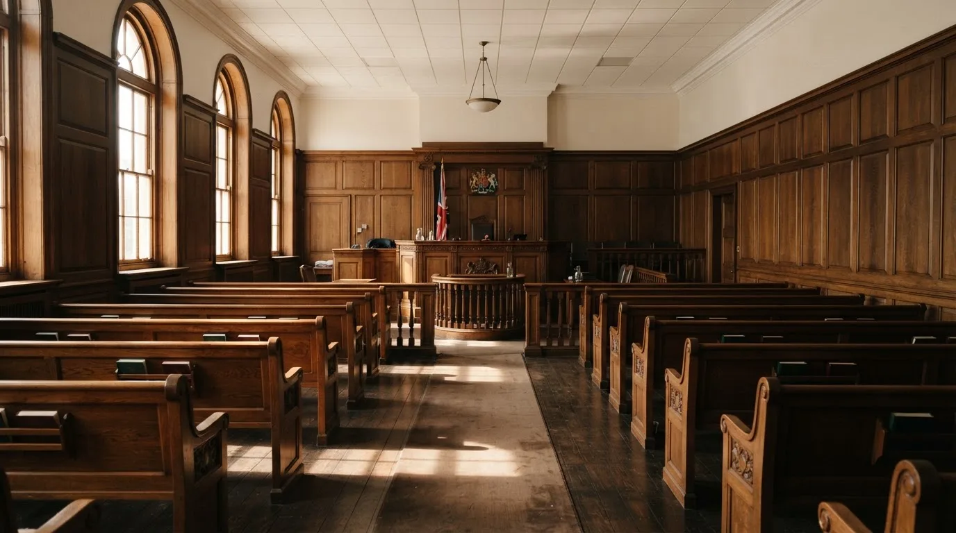 Een lege rechtszaal met houten banken in het ochtendlicht