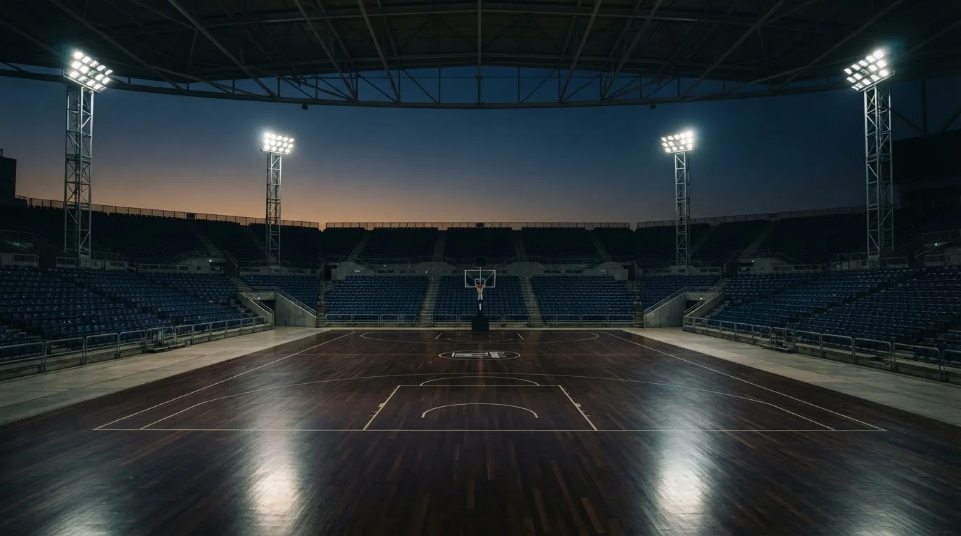 Een leeg voetbalstadion met lichtmasten bij schemering
