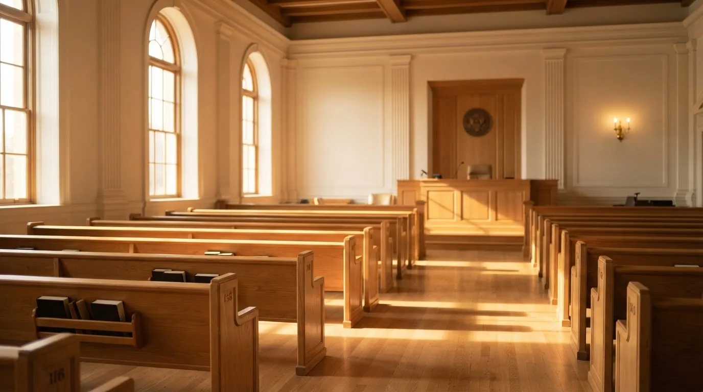 Een lege rechtszaal met houten banken in het ochtendlicht