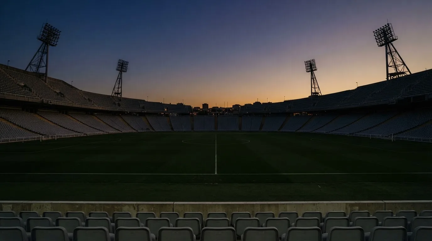 Een leeg voetbalstadion met lichtmasten bij schemering