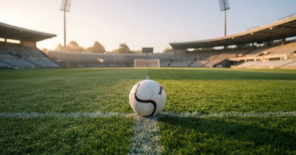 Een voetbal op de middenstip van een grasveld in het ochtendlicht