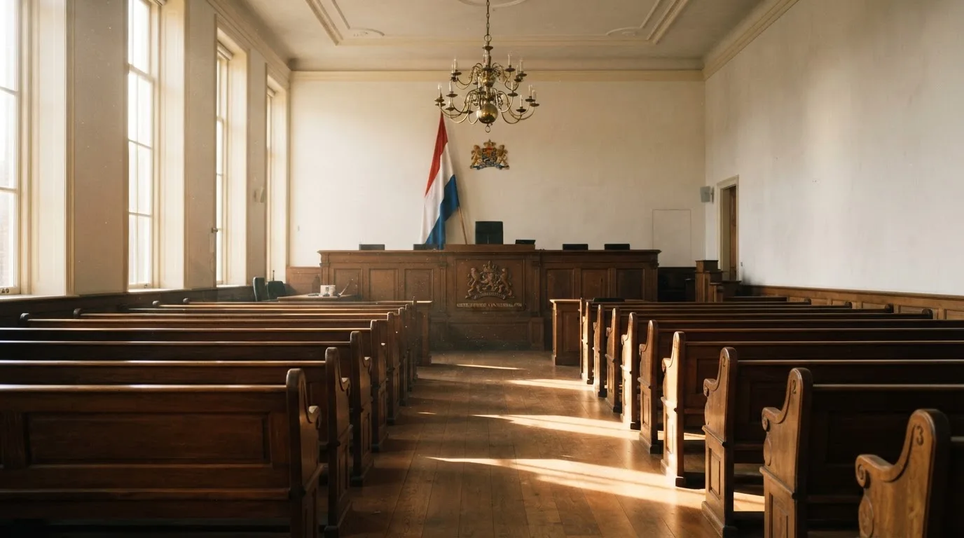 Een lege rechtszaal met houten banken in het ochtendlicht