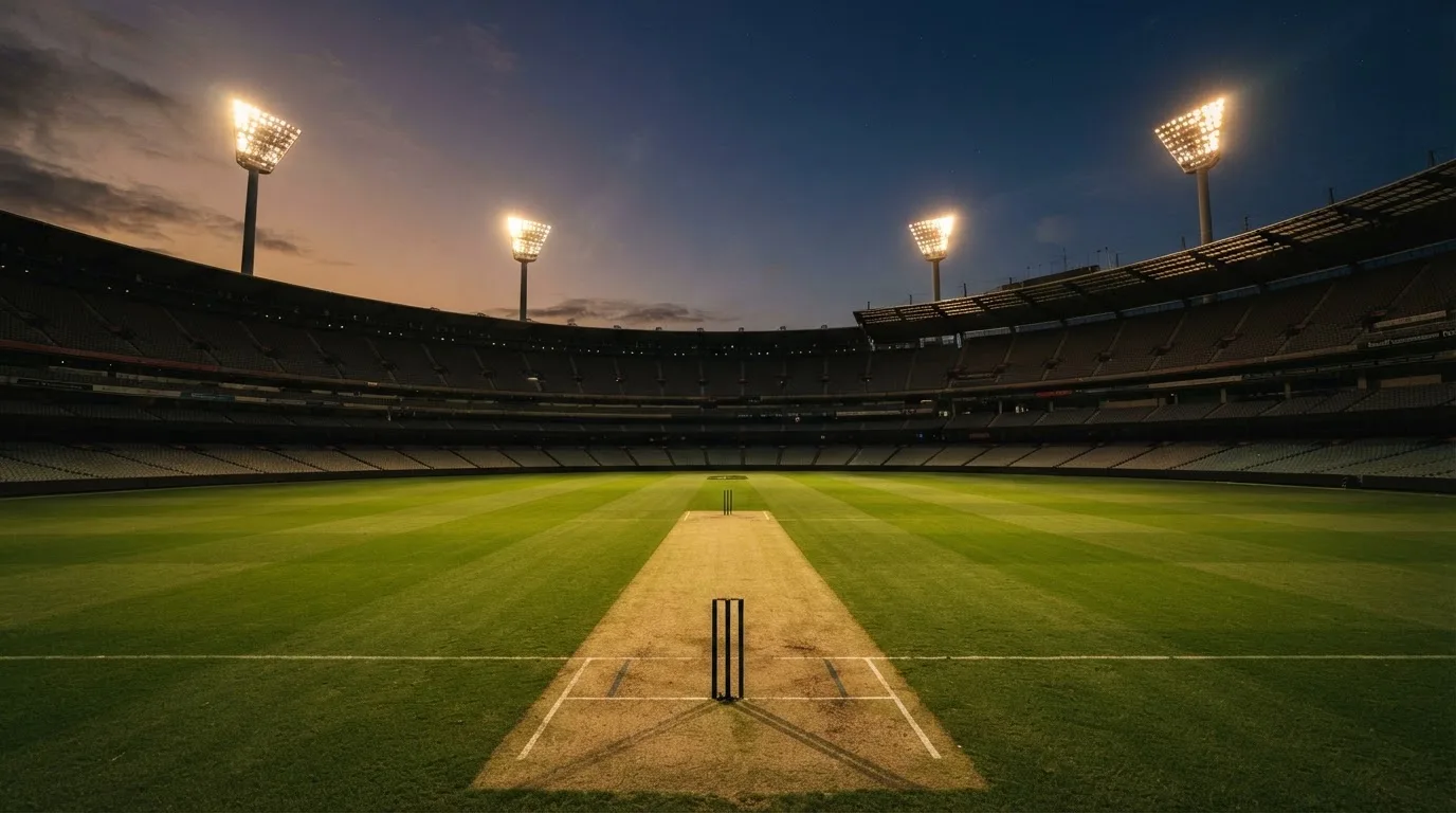 Een leeg voetbalstadion met lichtmasten bij schemering