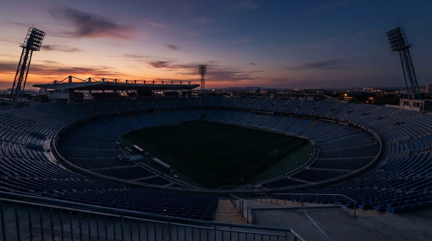 Een leeg voetbalstadion met lichtmasten bij schemering
