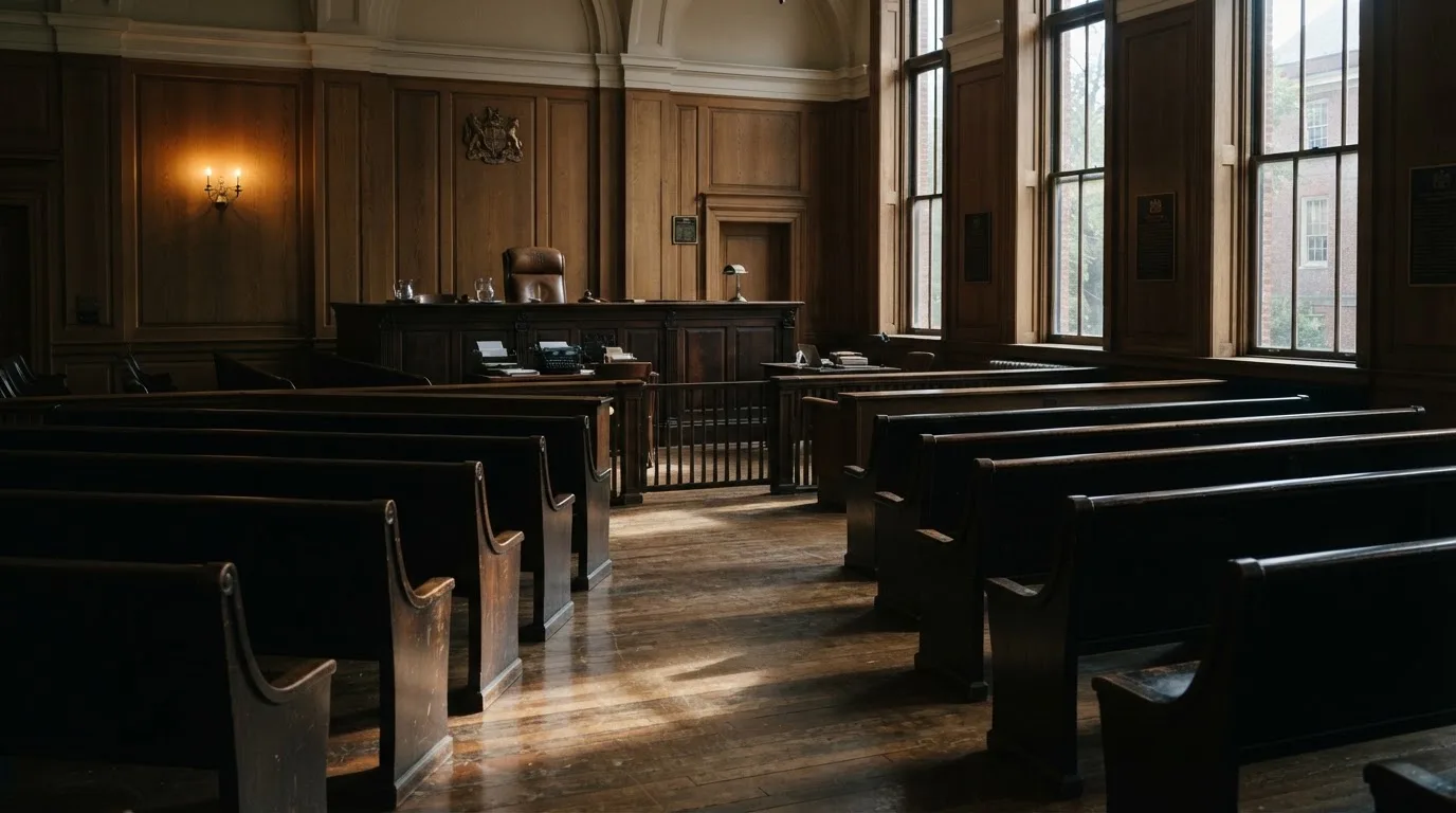 Een lege rechtszaal met houten banken in het ochtendlicht