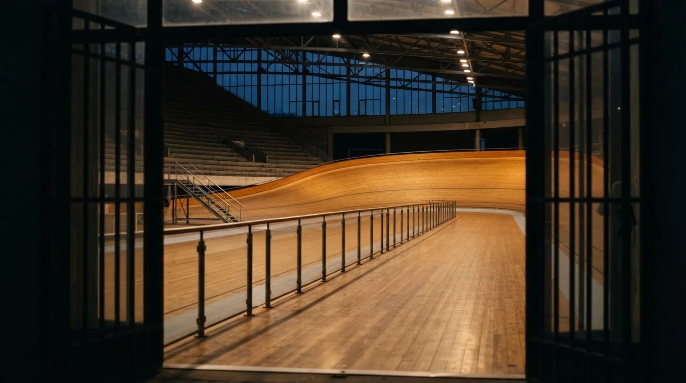 Een leeg voetbalstadion met lichtmasten bij schemering