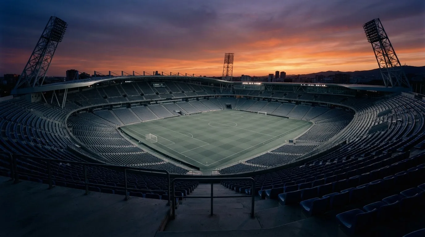 Een leeg voetbalstadion met lichtmasten bij schemering