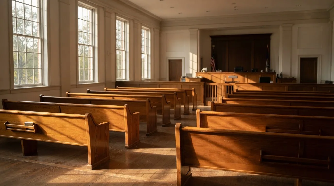Een lege rechtszaal met houten banken in het ochtendlicht