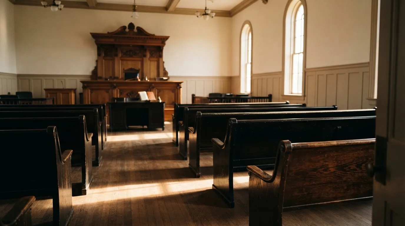 Een lege rechtszaal met houten banken in het ochtendlicht