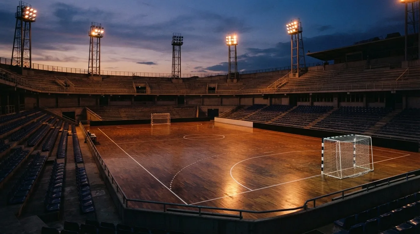 Een leeg voetbalstadion met lichtmasten bij schemering