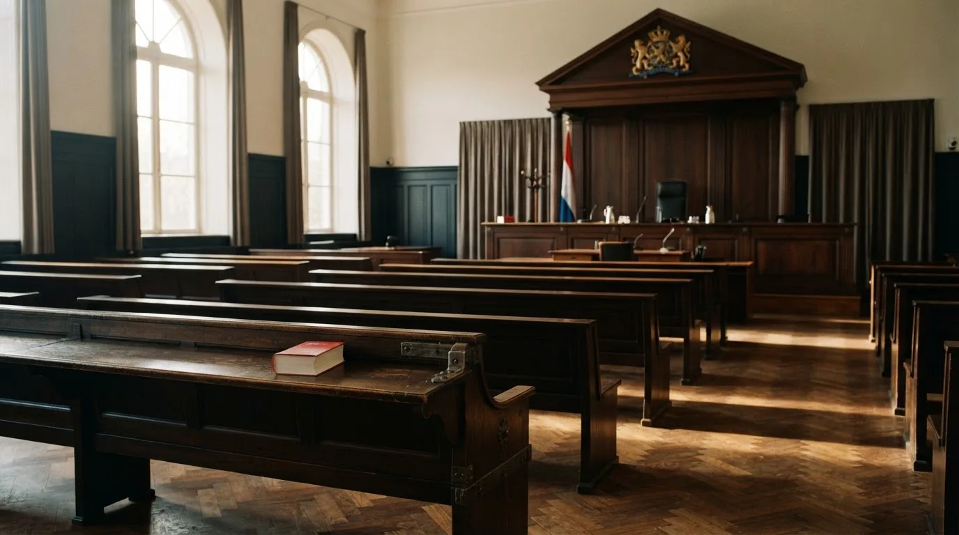 Een lege rechtszaal met houten banken in het ochtendlicht