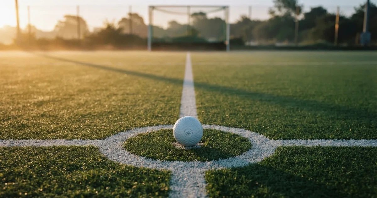 Een voetbal op de middenstip van een grasveld in het ochtendlicht