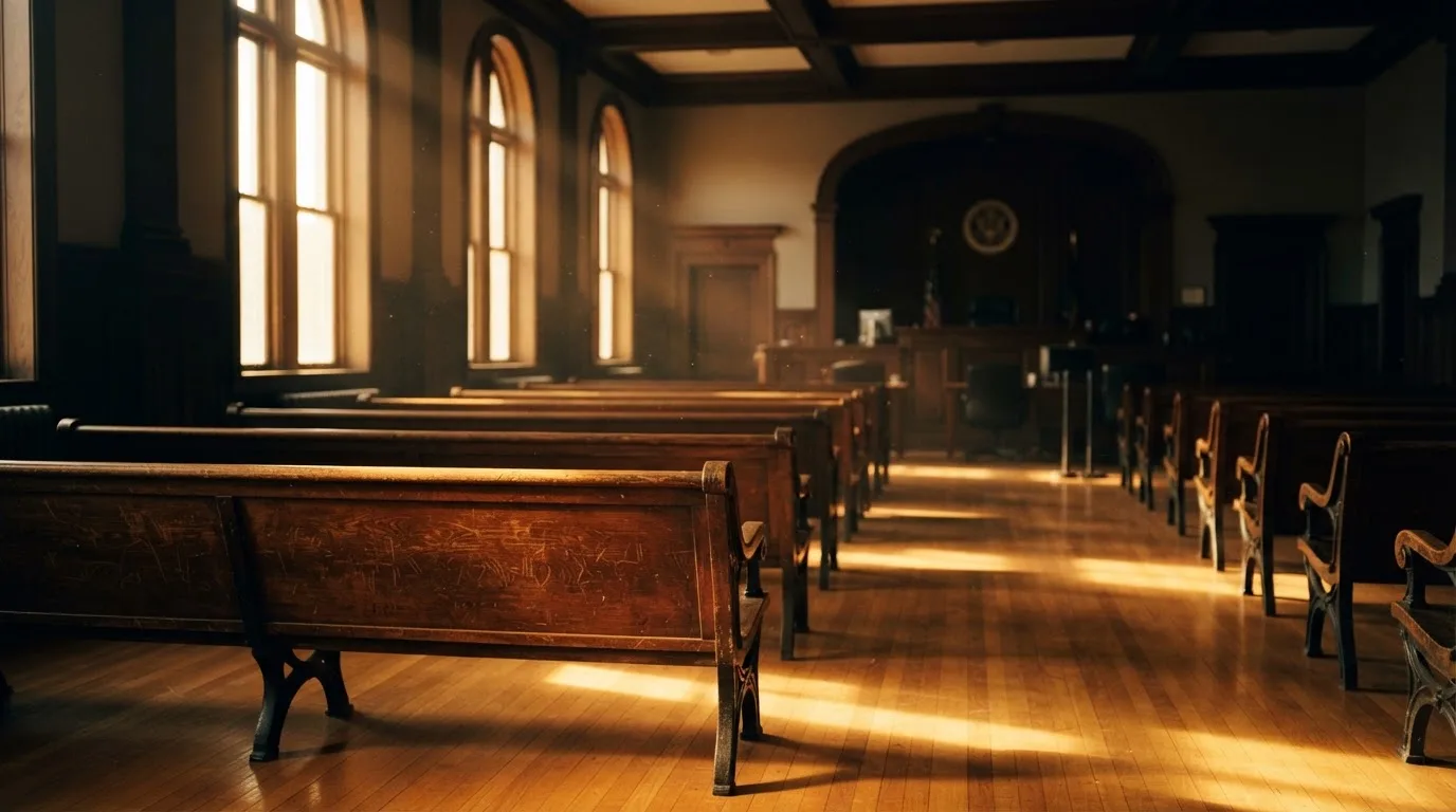 Een lege rechtszaal met houten banken in het ochtendlicht
