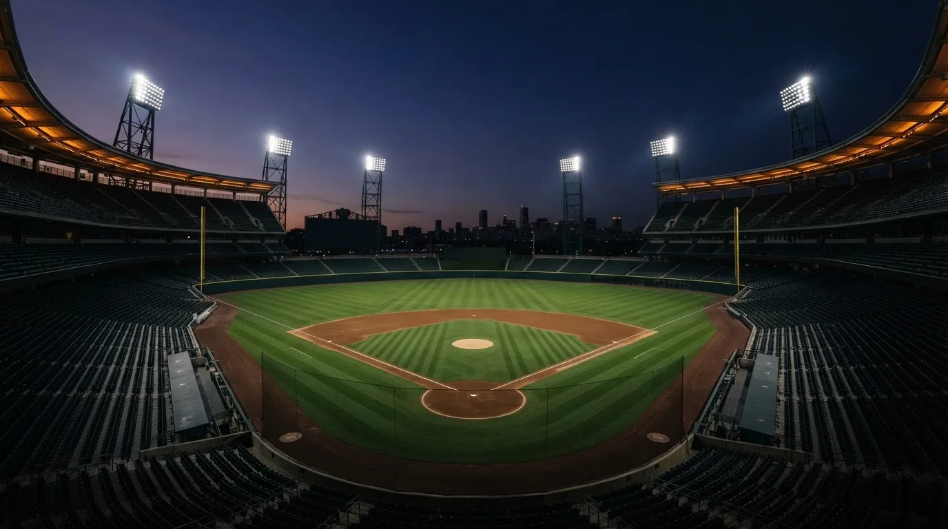Een leeg voetbalstadion met lichtmasten bij schemering
