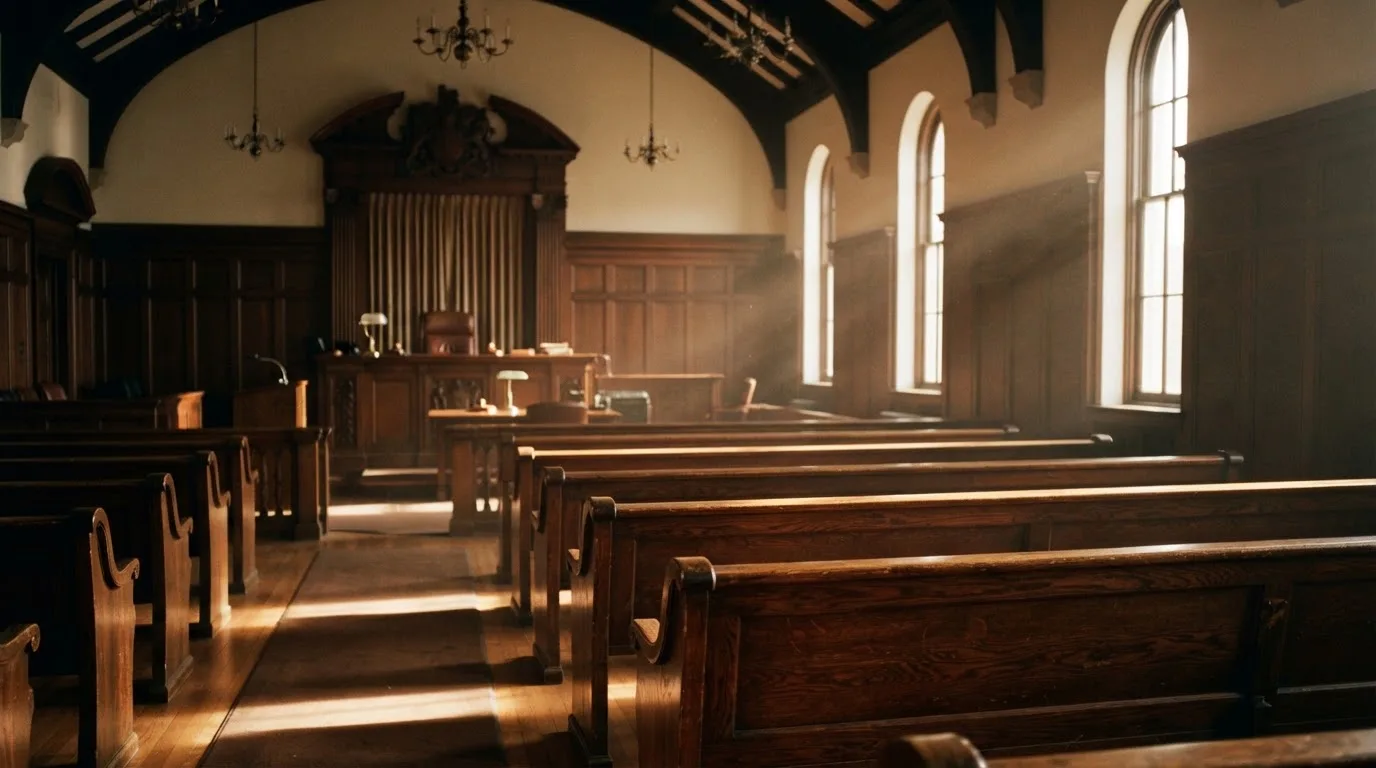 Een lege rechtszaal met houten banken in het ochtendlicht