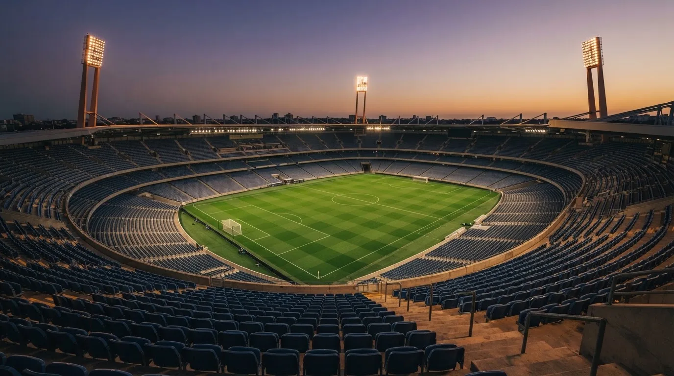 Een leeg voetbalstadion met lichtmasten bij schemering