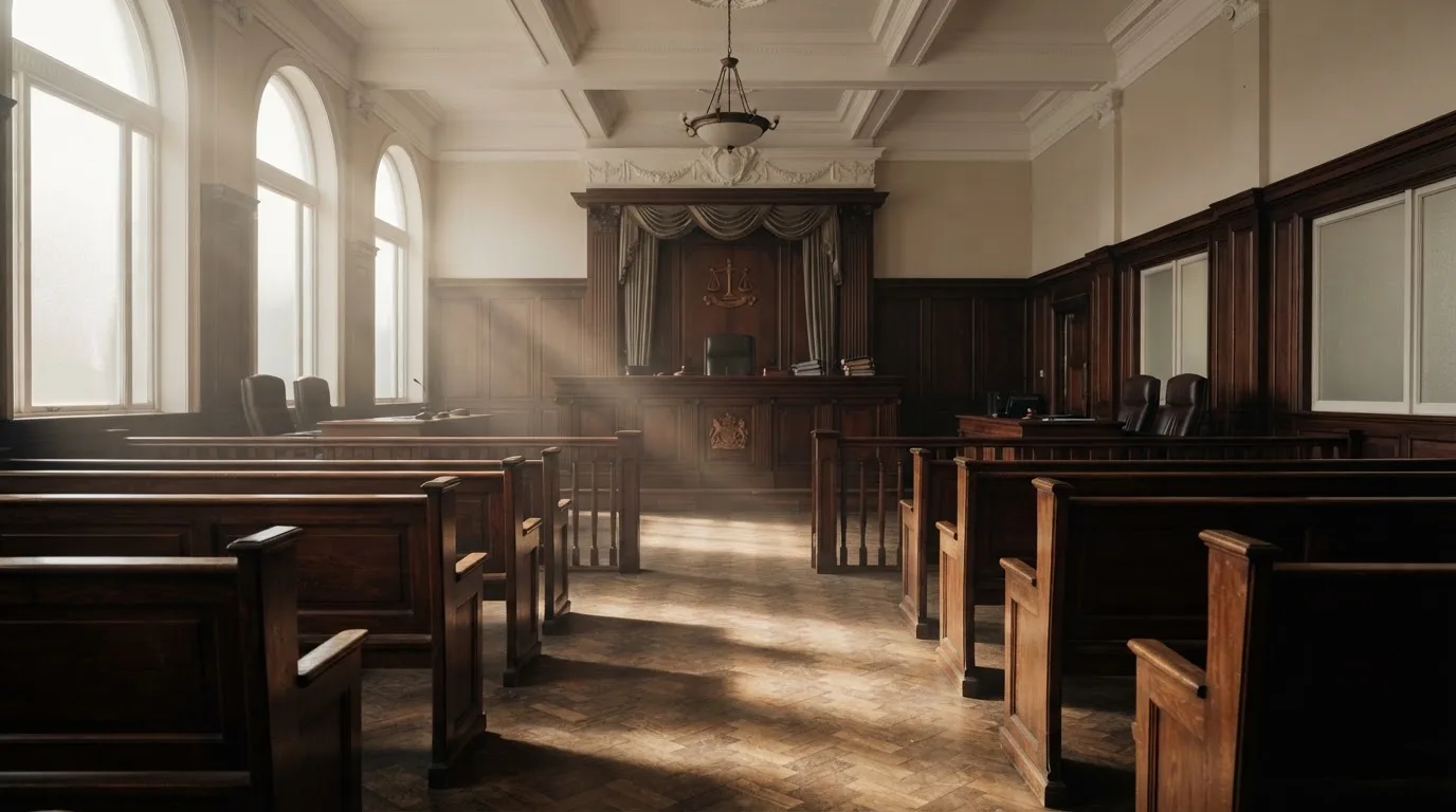 Een lege rechtszaal met houten banken in het ochtendlicht