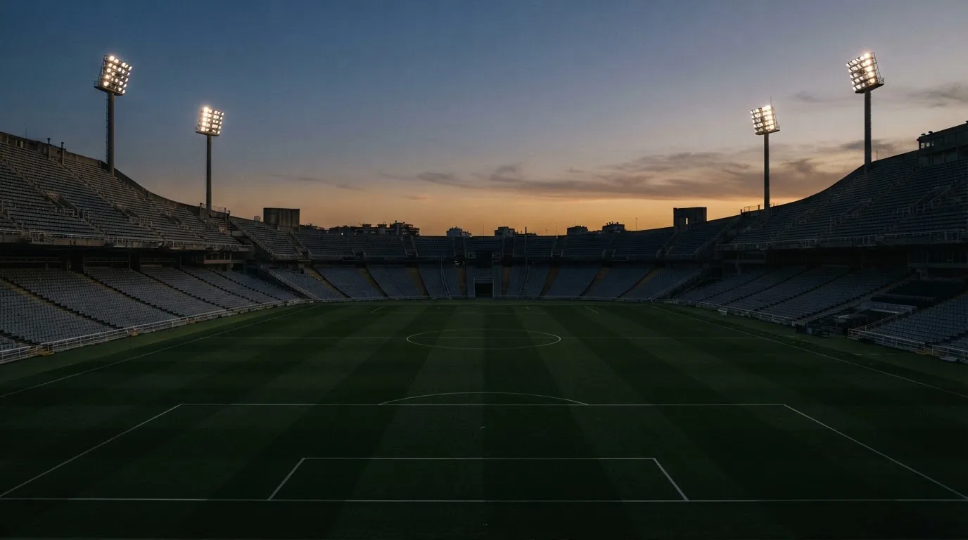 Een leeg voetbalstadion met lichtmasten bij schemering