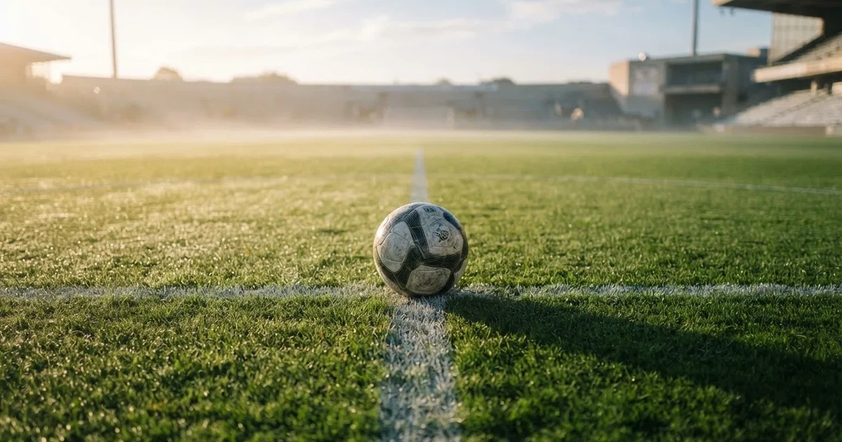 Een voetbal op de middenstip van een grasveld in het ochtendlicht