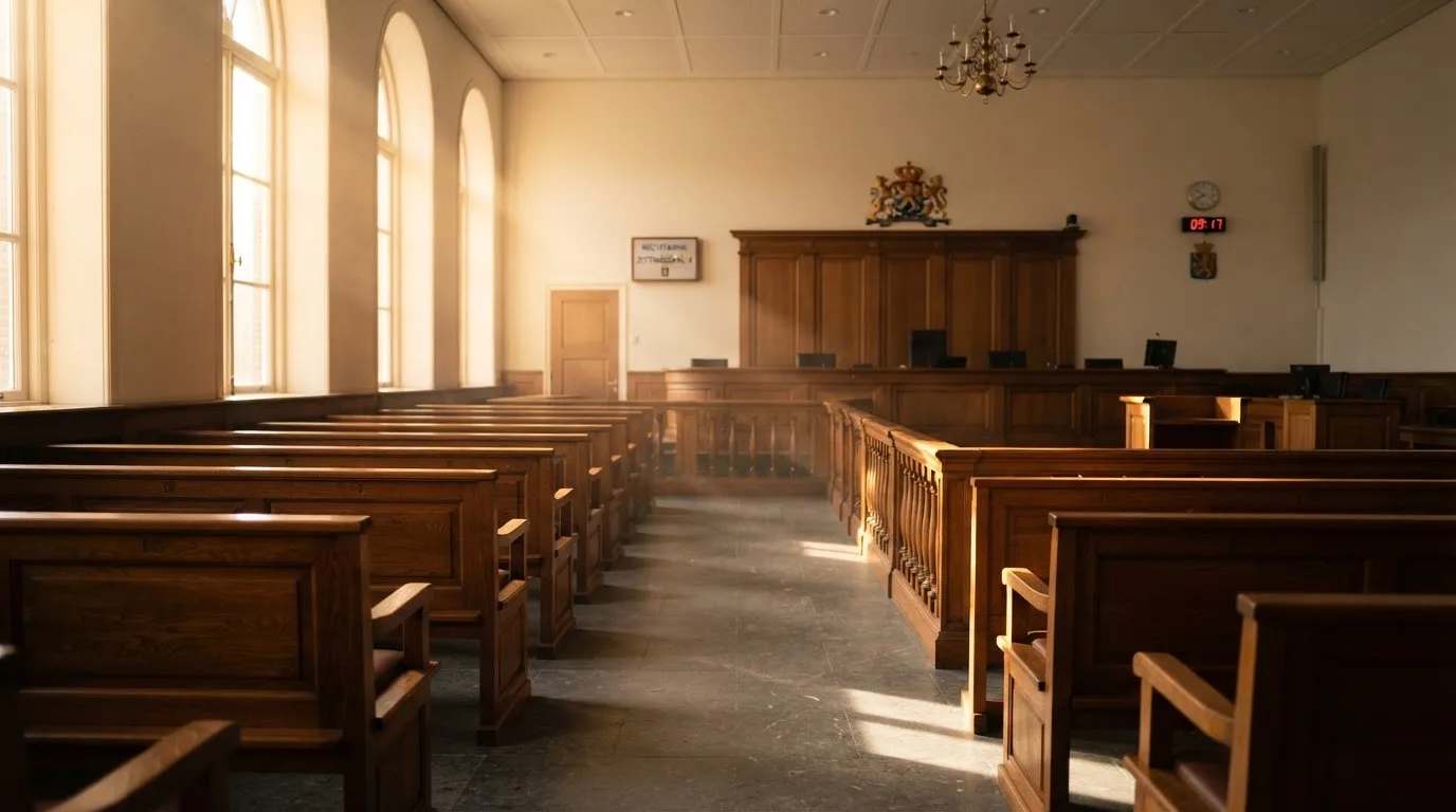 Een lege rechtszaal met houten banken in het ochtendlicht