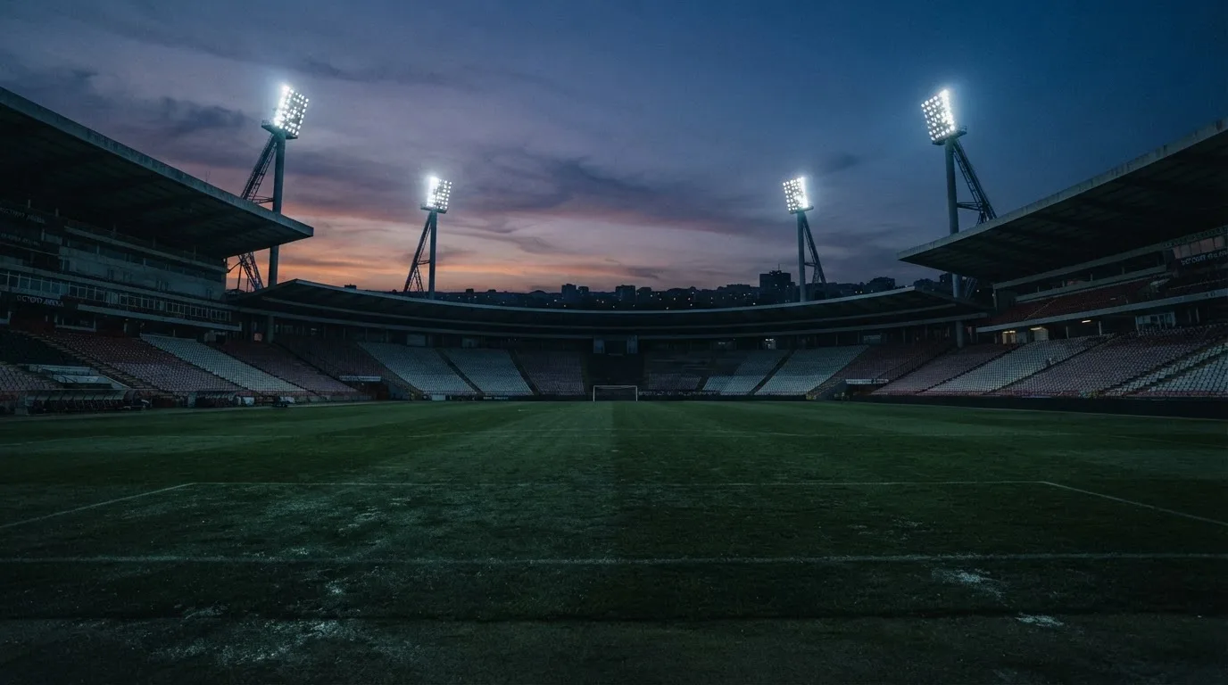 Een leeg voetbalstadion met lichtmasten bij schemering