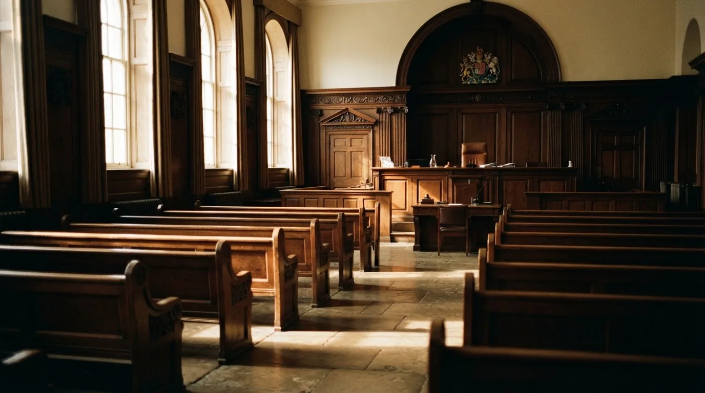 Een lege rechtszaal met houten banken in het ochtendlicht