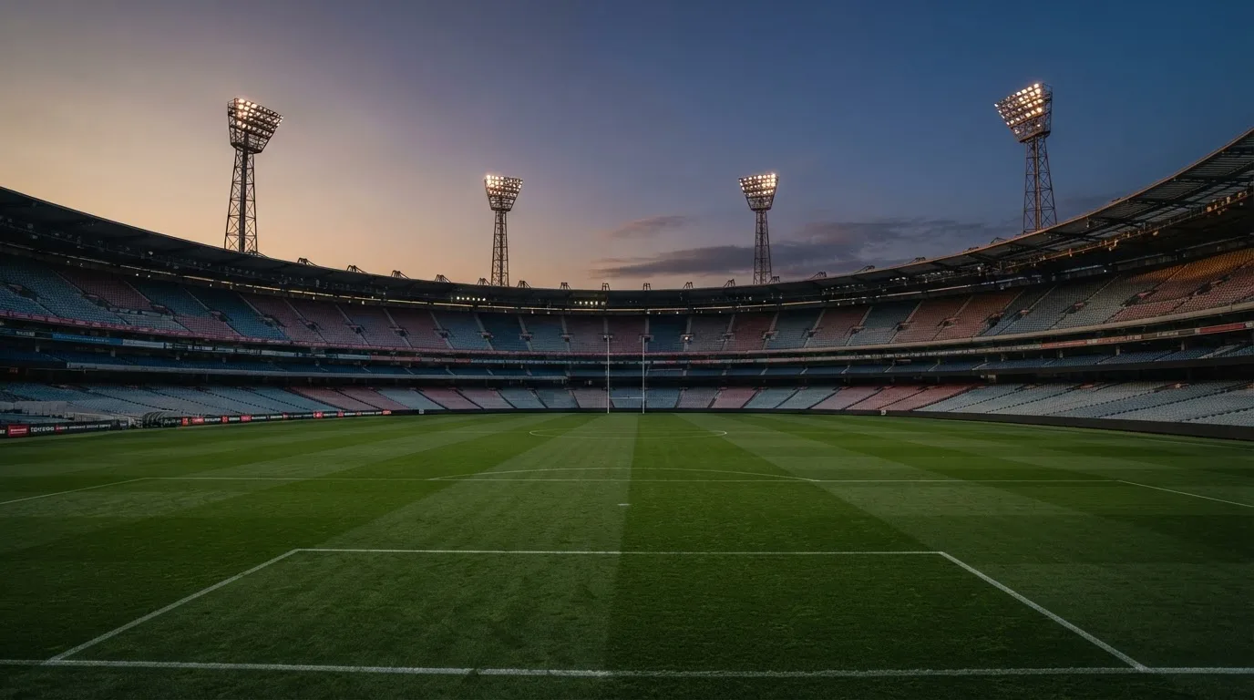 Een leeg voetbalstadion met lichtmasten bij schemering