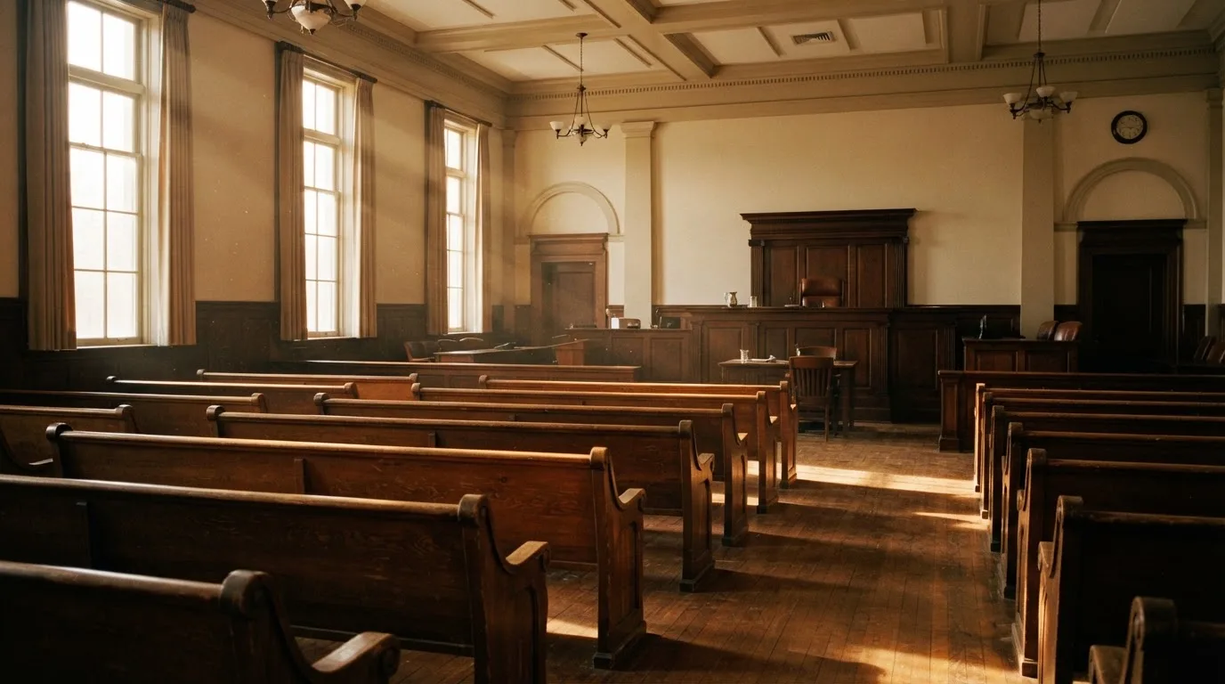 Een lege rechtszaal met houten banken in het ochtendlicht