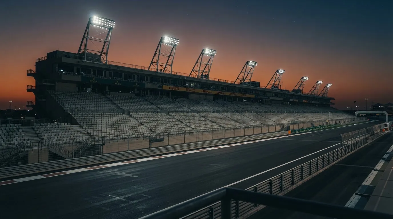 Een leeg voetbalstadion met lichtmasten bij schemering