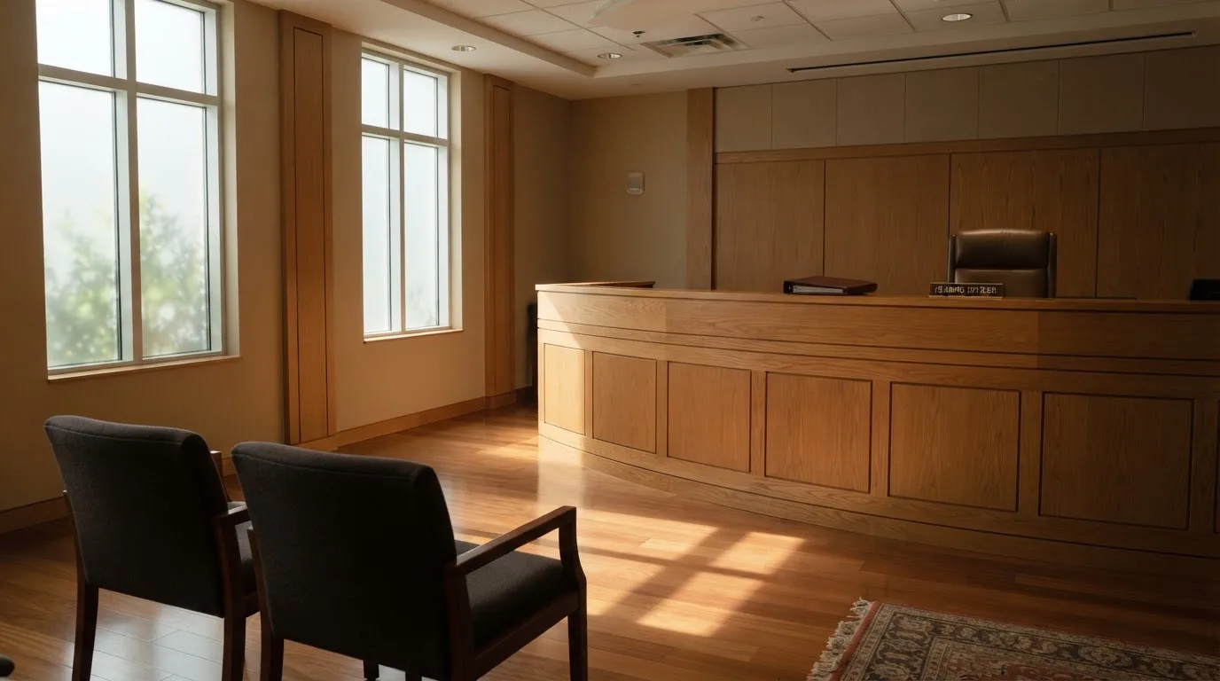 Een lege rechtszaal met houten banken in het ochtendlicht