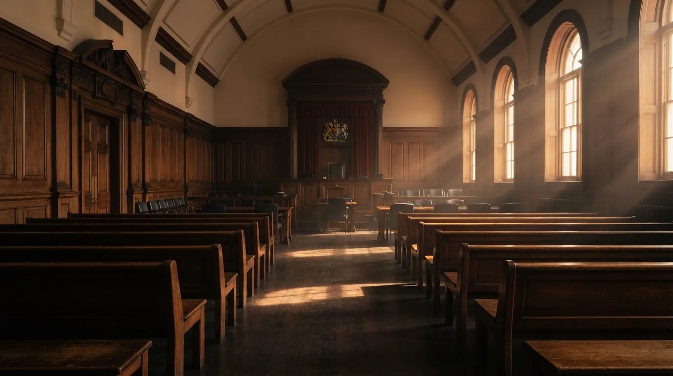 Een lege rechtszaal met houten banken in het ochtendlicht