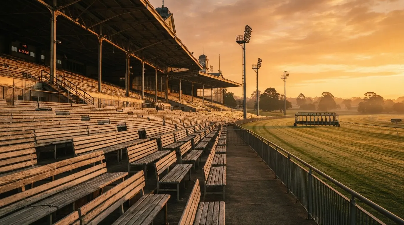 Een leeg voetbalstadion met lichtmasten bij schemering