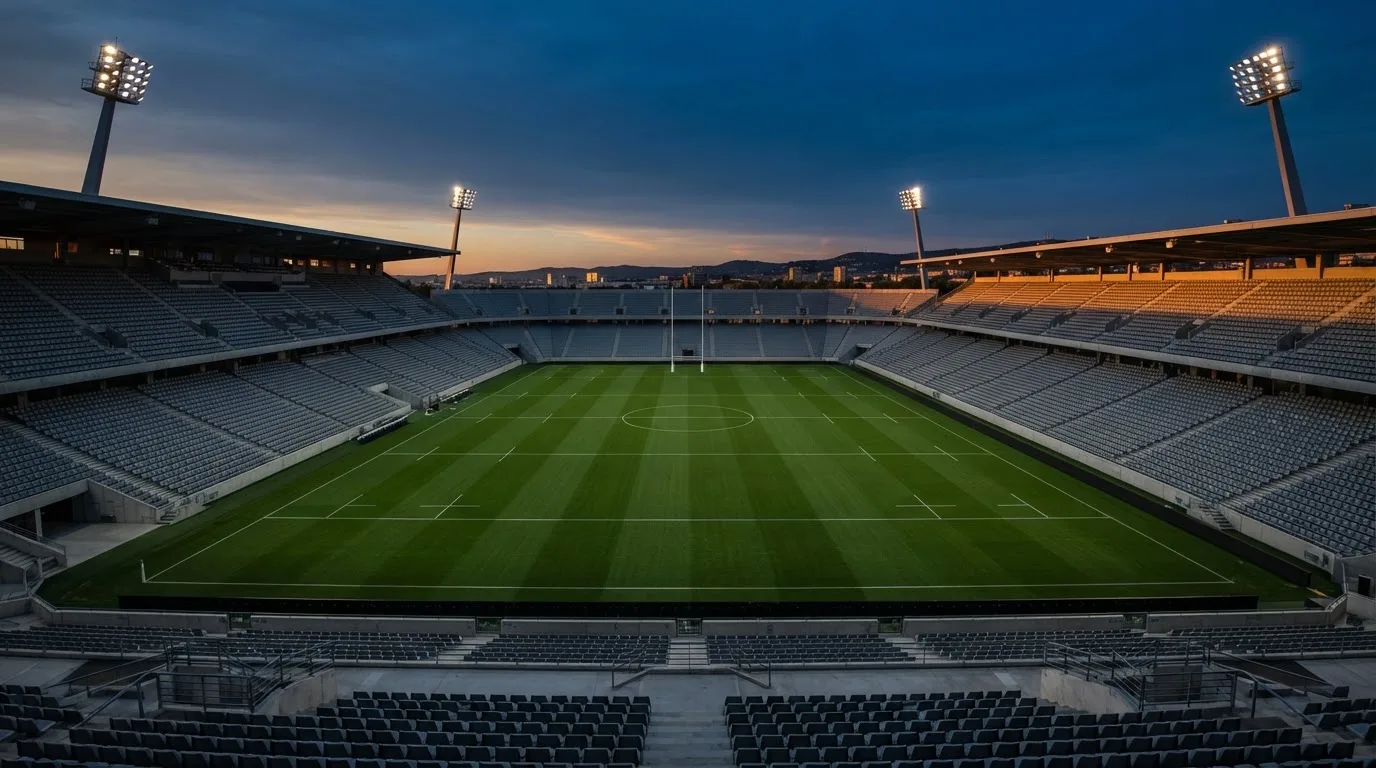 Een leeg voetbalstadion met lichtmasten bij schemering