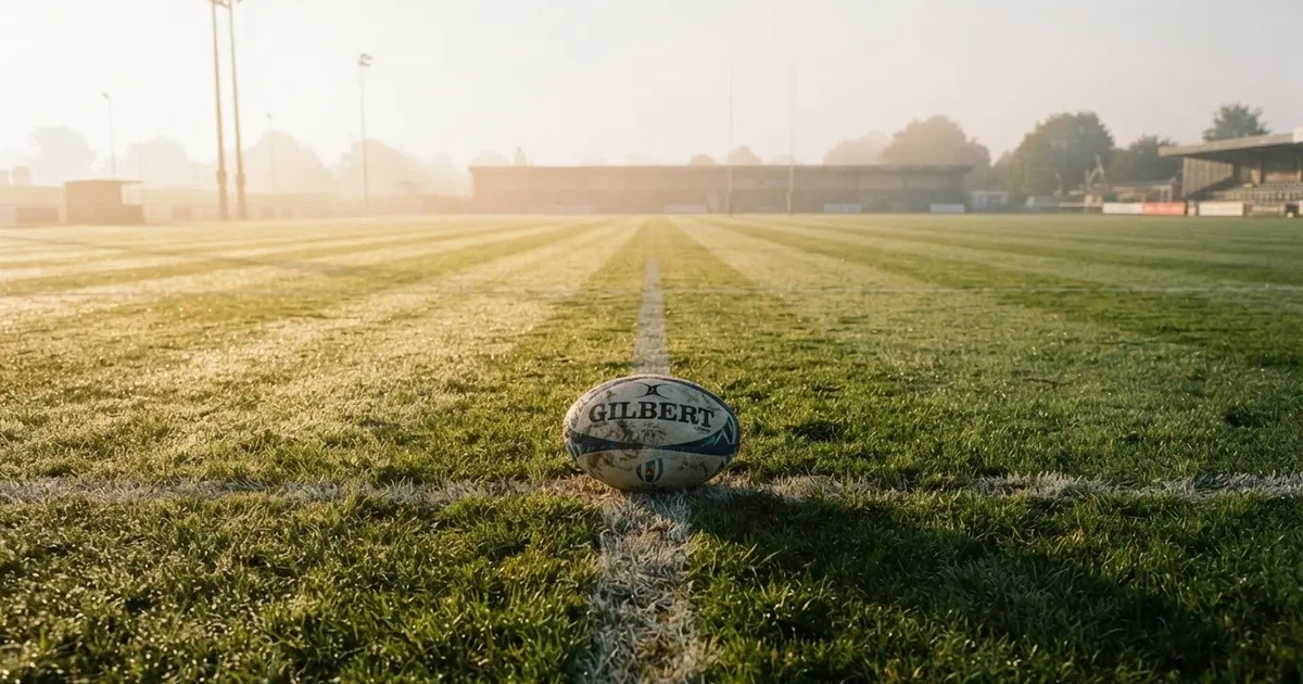 Een voetbal op de middenstip van een grasveld in het ochtendlicht