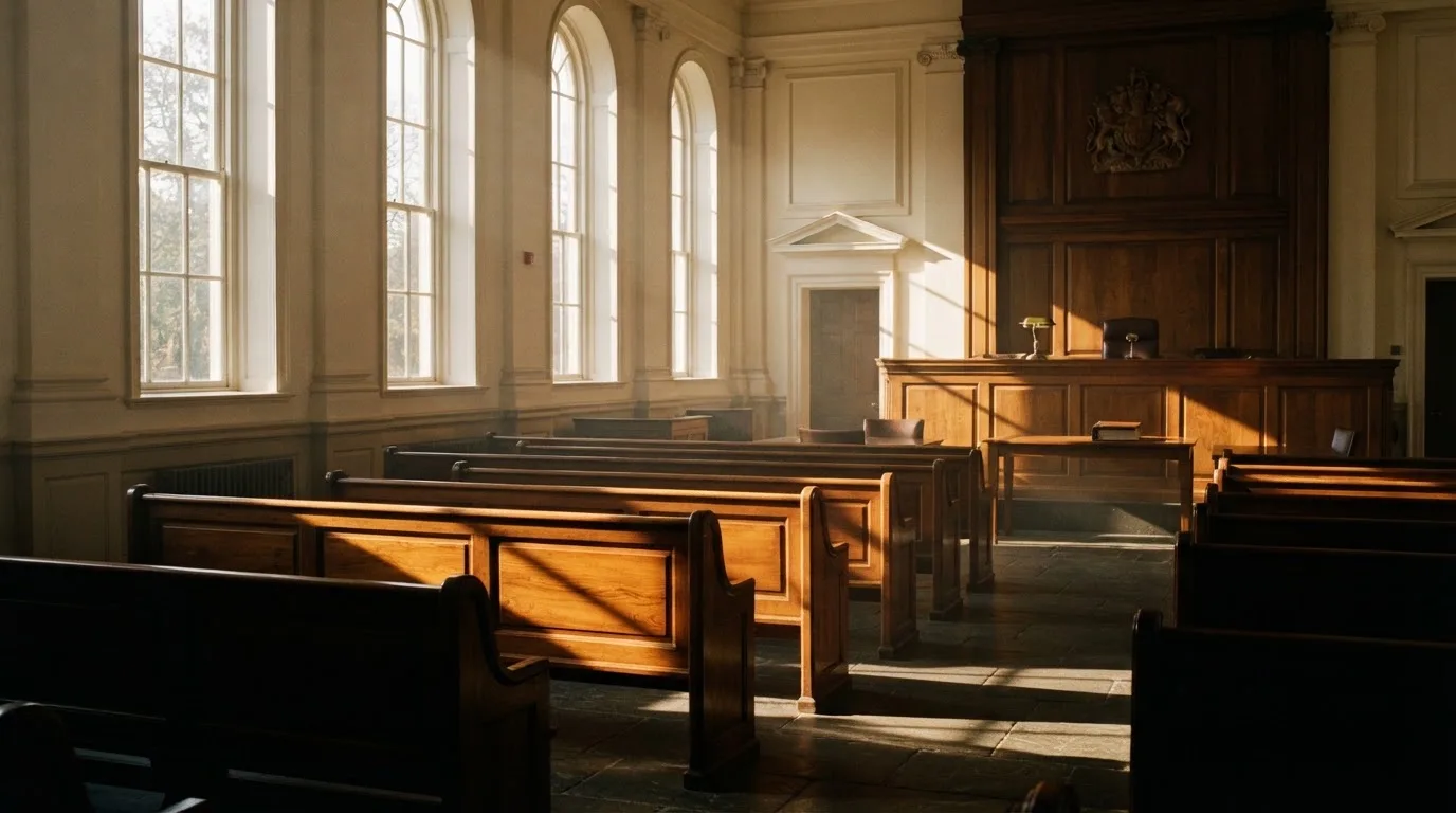 Een lege rechtszaal met houten banken in het ochtendlicht