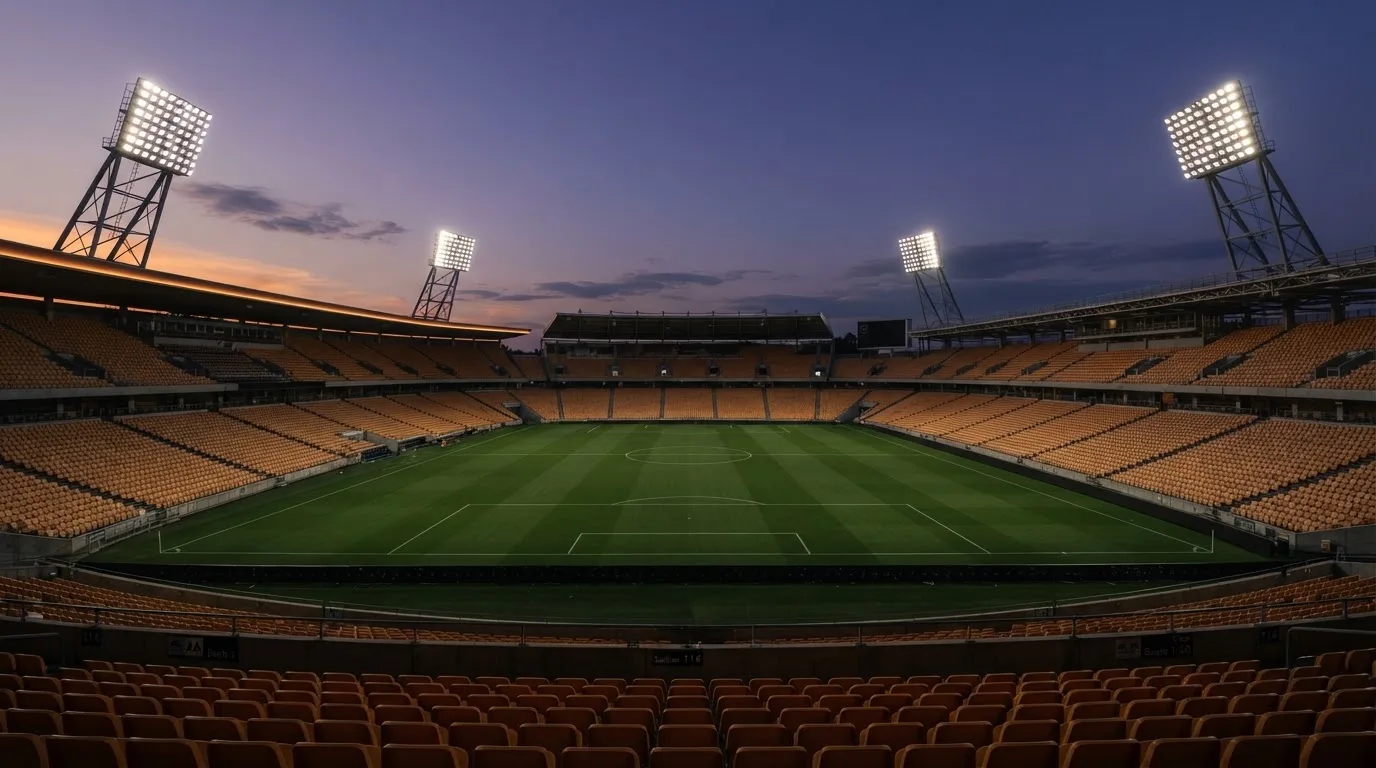 Een leeg voetbalstadion met lichtmasten bij schemering