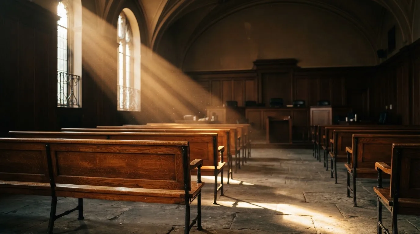 Een lege rechtszaal met houten banken in het ochtendlicht