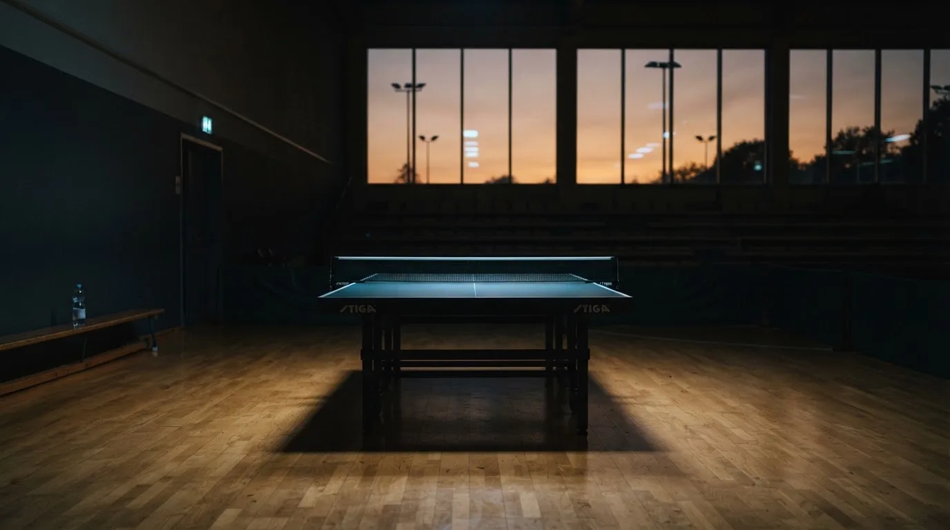 Een leeg voetbalstadion met lichtmasten bij schemering