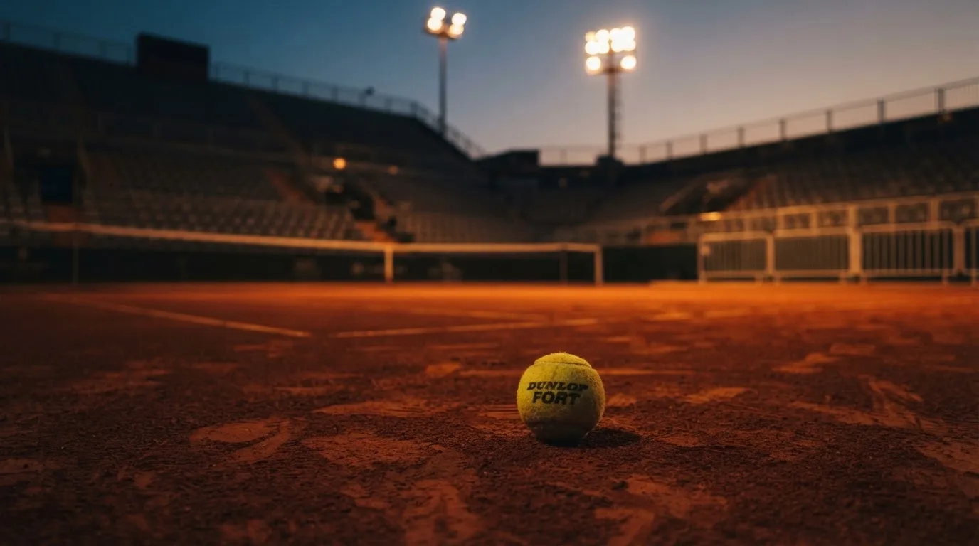 Een leeg voetbalstadion met lichtmasten bij schemering