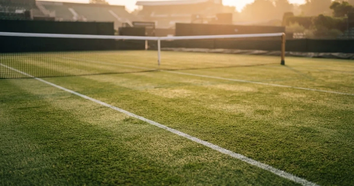 Een voetbal op de middenstip van een grasveld in het ochtendlicht